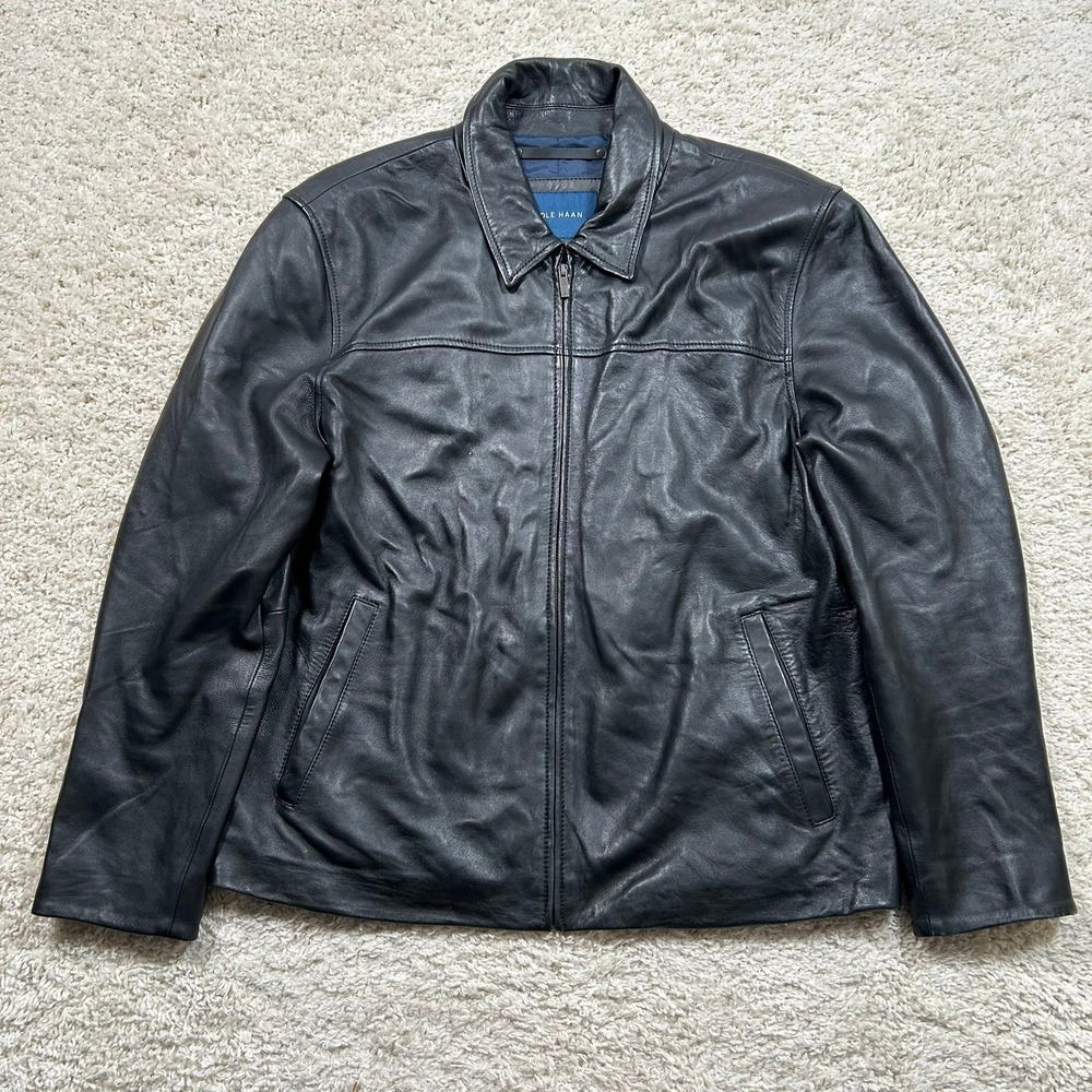 Cole Haan Leather Jacket XL Black Genuine Lambskin Zip Front Outerwear